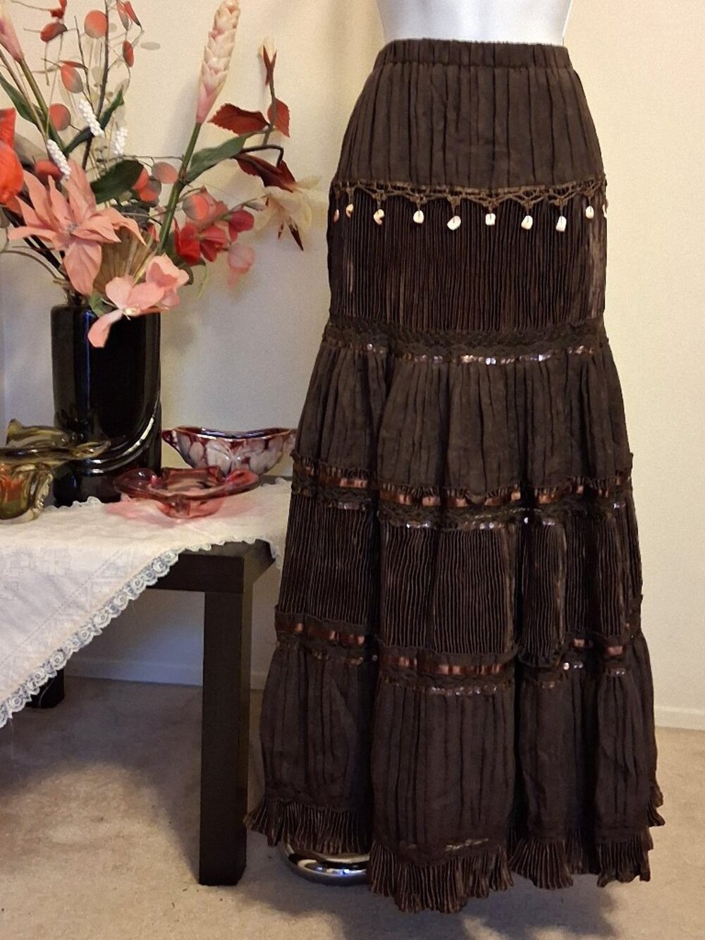 New Pleated Midi Skirts Quality Long Flowy A Line Tiered Lined Brown Skirt 12